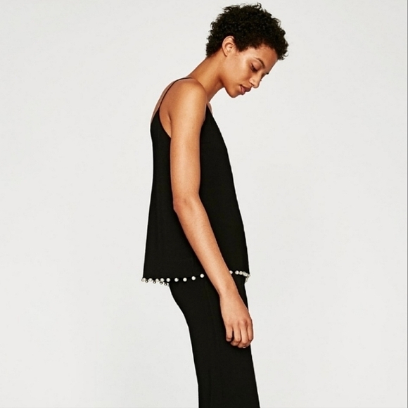Zara Ribbed Spaghetti Strap V-Neck Long Thick Cami Pearl Hem Detail Black - sz S - Picture 2 of 8